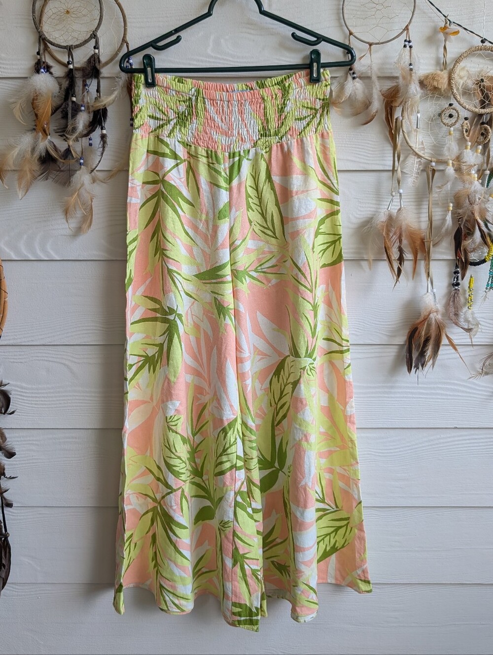 CeCe Peach and Green Tropical Printed High-Rise Wide-Leg Pull-On Pants
